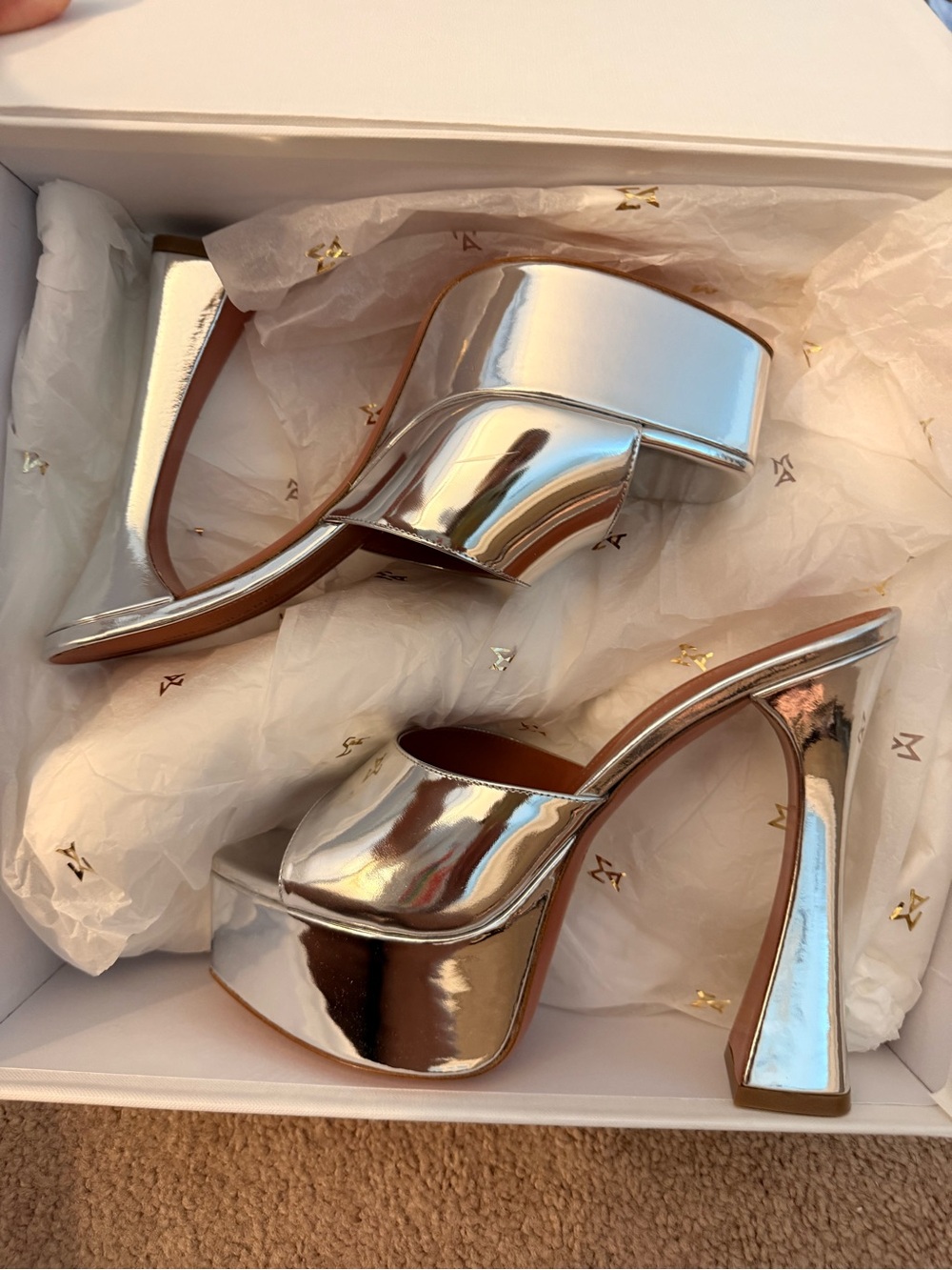 Amina Muaddi Metallic Silver Platform Mule Heels